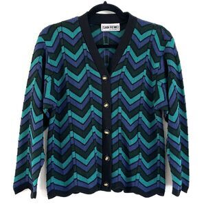 Vintage San Remo by Laura Knits Women Zig Zag Loose Knit Button Up Cardigan